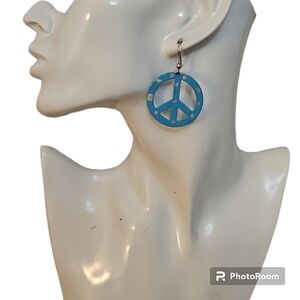 5/$25 VTG Blue Peace Sign Hippie Dangle Hook Earrings